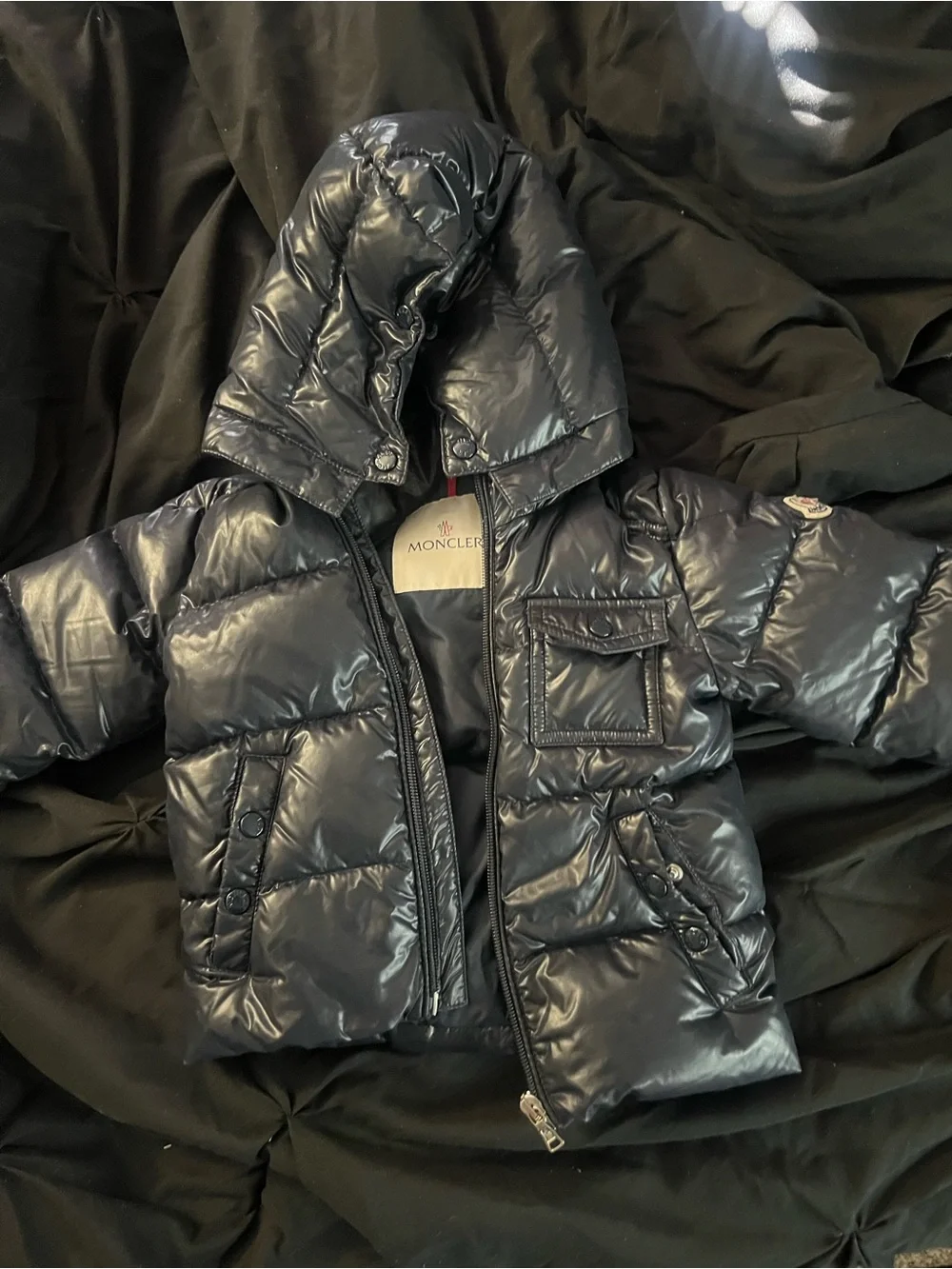 Moncler Kids Navy Shiny Hooded Puffer Jacket
